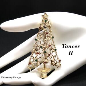 Vintage Tancer II Christmas Tree Brooch – Star Design with Rhinestones, 1960s